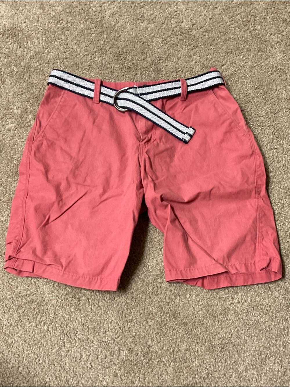 Express Coral Flat Front Chino Shorts with Striped Web Belt